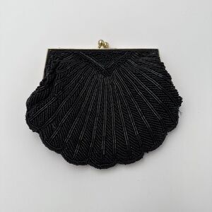 Vintage Joan Bari Black Beaded Clutch Shell Gold Evening Pouch Bag